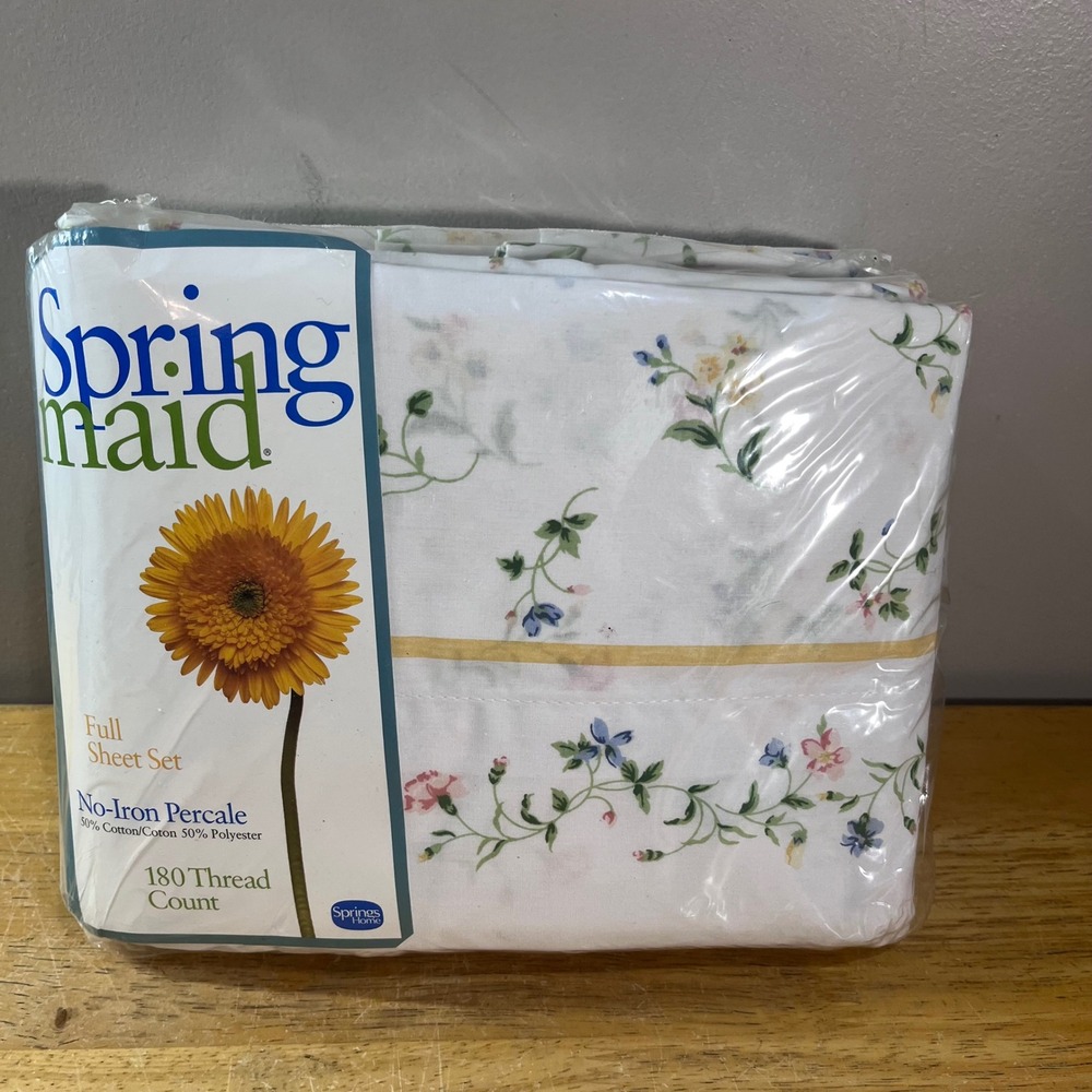 Springmaid Full Sheet Set Annie Pink Vtg White Floral No-Iron Percale 4pc NOS